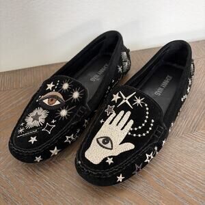 Johnny Was Black and White Embroidered Moccasins